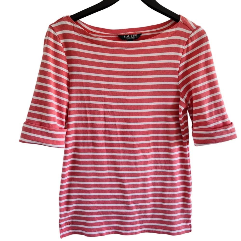 Lauren Ralph Lauren Coral Pink and White Striped Shirt